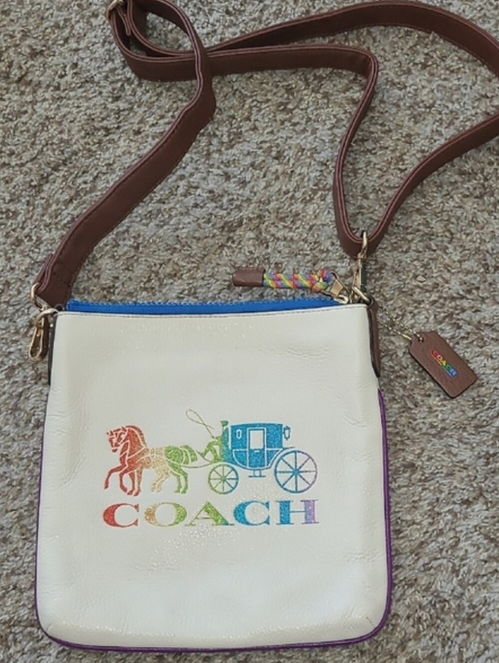 Coach White Crossbody Bag with Rainbow Coach Logo and Brown Strap